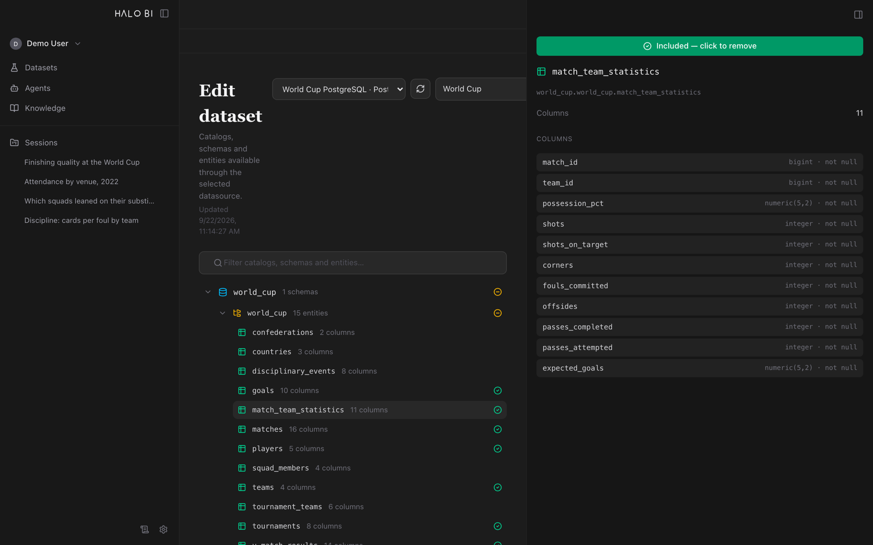 The dataset editor: a catalog tree of World Cup tables on the left, and the selected table's eleven columns with their SQL types on the right.