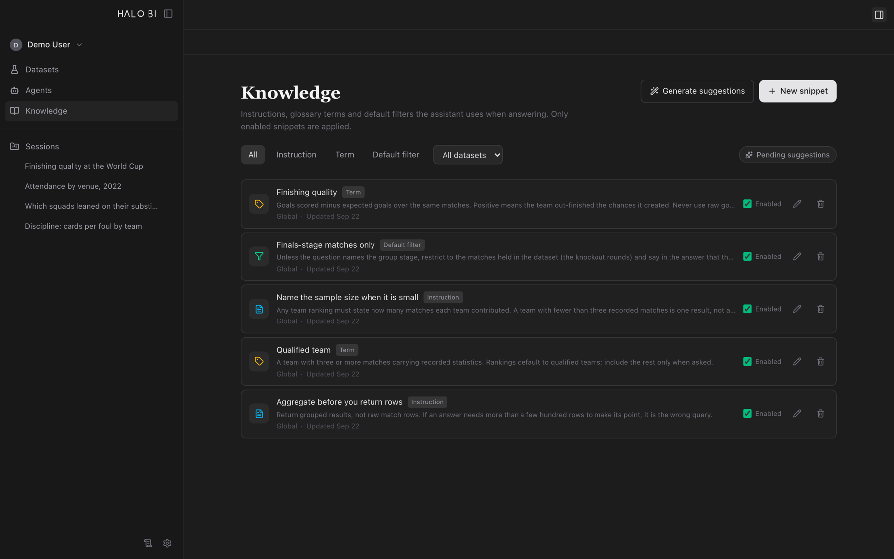 The Knowledge screen listing curated instructions, glossary terms and default filters, each individually enabled.